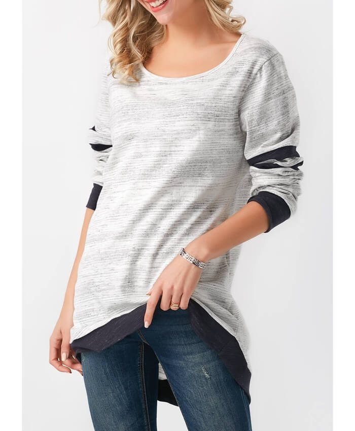 Grey Long Sleeve Asymmetric Hem T Shirt
